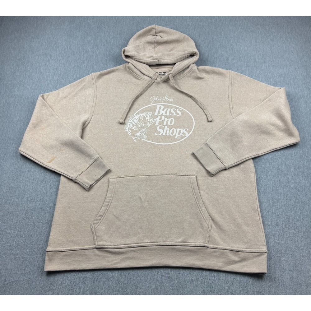 Bass Pro Shops Hoodie Men 2XL XXL Beige Pullover Sweatshirt Johnny Morris Fleece